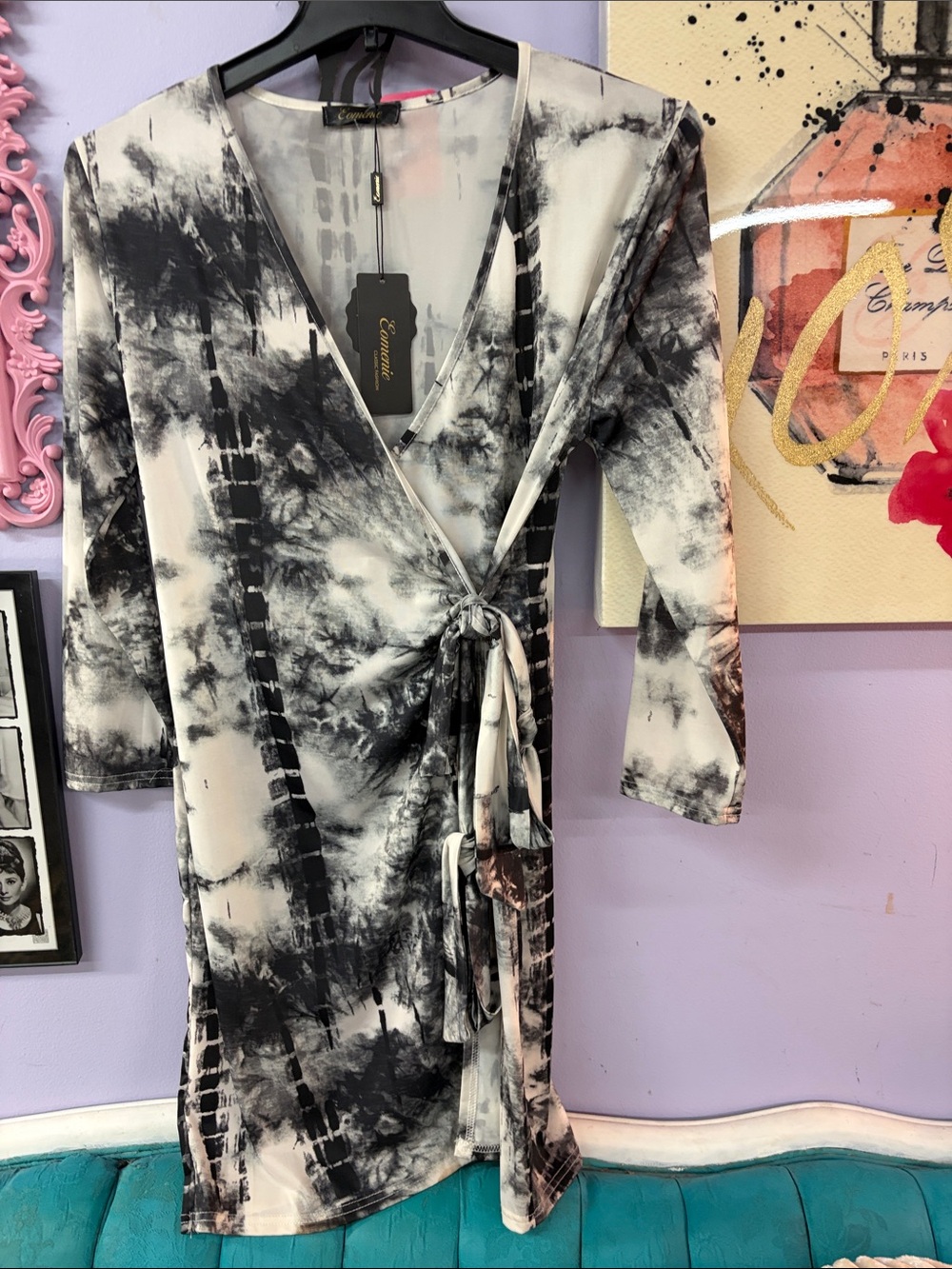 Tie-Dye Wrap Dress with Self-Tie Waist - Black & White